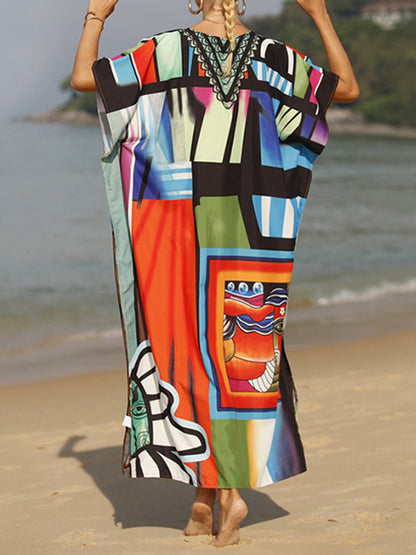 Batwing Sleeves Loose Printed Split-joint Split-side V-neck Maxi Dresses