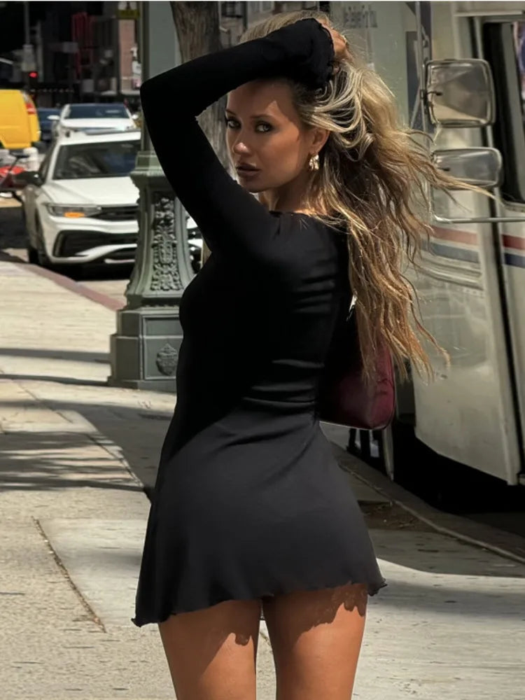Hollow Out Long Sleeve Mini Dress for Robe Autumn New Black O Neck Club Party Dress Clubwear