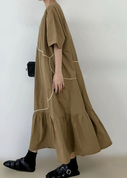 French Khaki Ruffled Patchwork Maxi Dress Short Sleeve Tt1046
