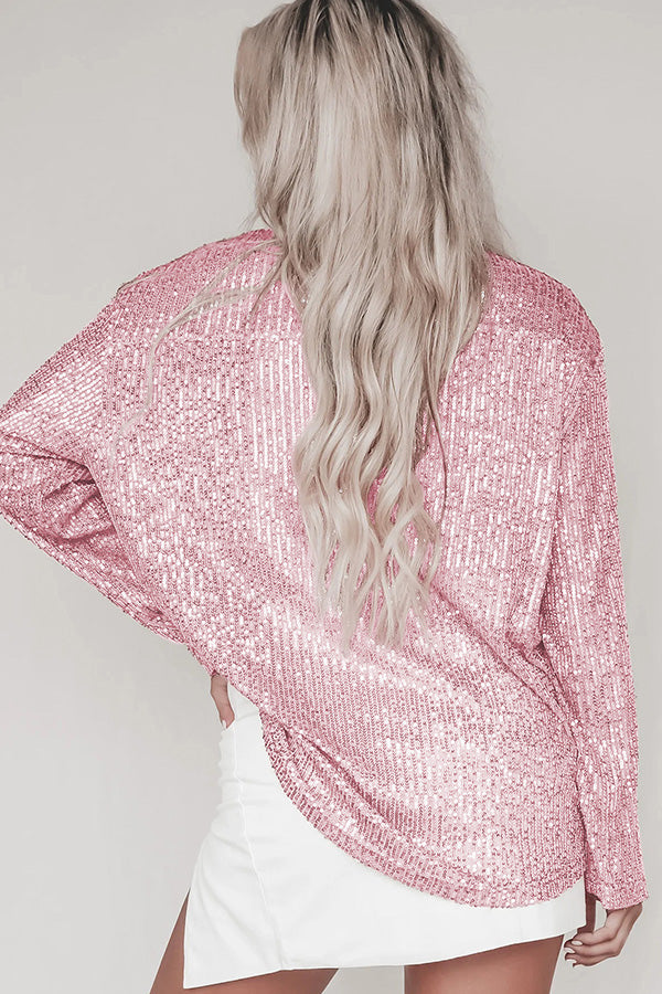 Color Button-down Long-sleeve Sequined Cardigan