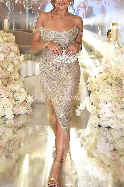 Party With Passion Glitter Fabric Off Shoulder Ruched Slit Maxi Dress
