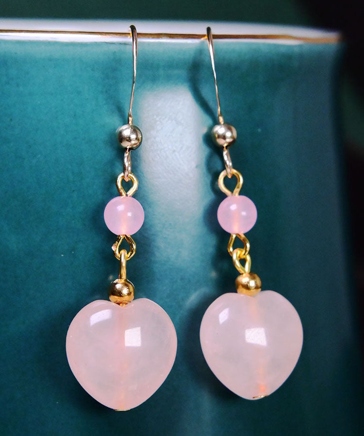 Art Pink 14k Gold Crystal Heart Shaped Drop Earrings
