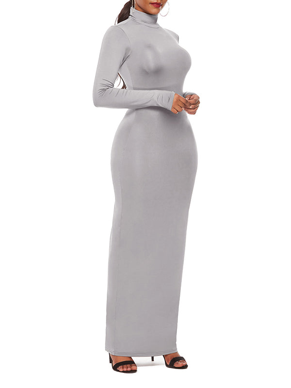 Bodycon Long Sleeves Color High Neck Maxi Dresses