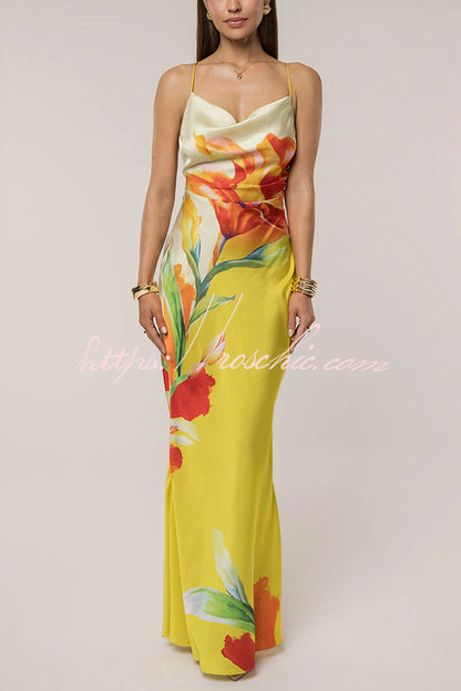 Luisa Satin Print Cowl Neck Open Back Tie-up Maxi Dress