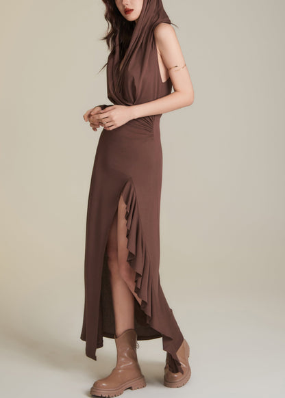 Chocolate Wrinkled Patchwork Holiday Hoode Long Dress Sleeveless Aj1015