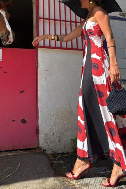 Print Suspenders Paneled Back Pleated Maxi Dress