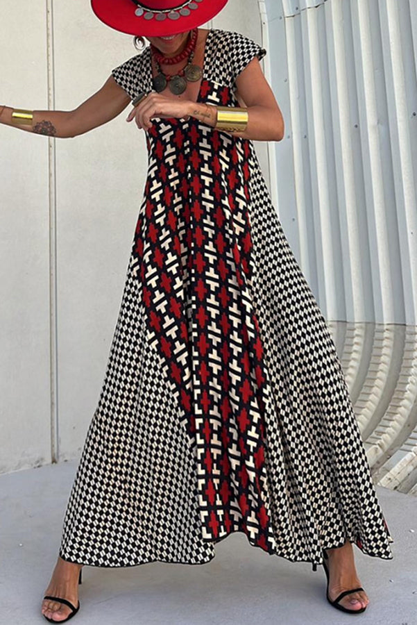 Fresh Breeze Unique Print Ruffle Sleeve A-line Maxi Dress