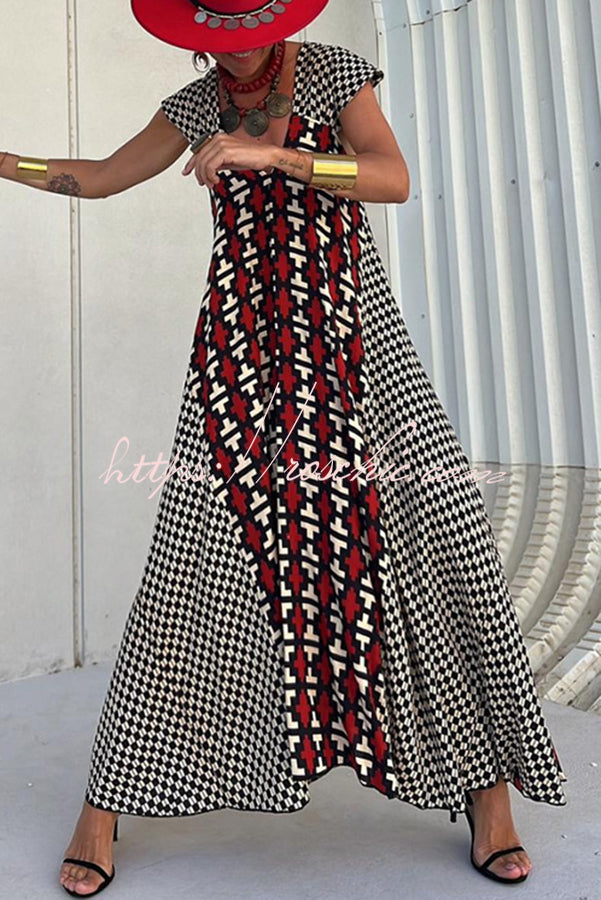 Fresh Breeze Unique Print Ruffle Sleeve A-line Maxi Dress