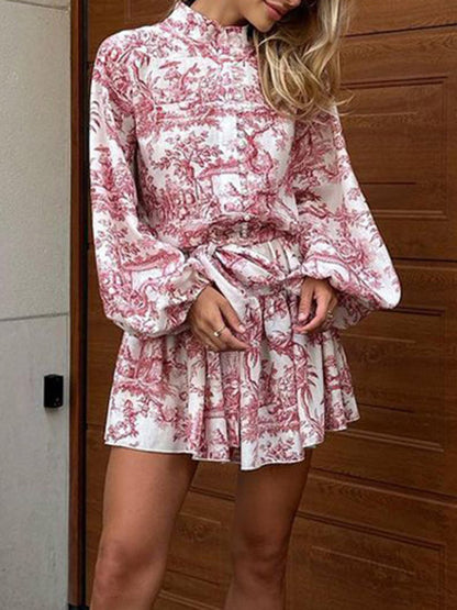 Loose Puff Sleeves Pleated Printed Split-joint Tied Waist Stand Collar Mini Dresses