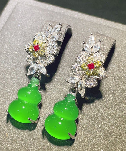 Green Sterling Silver Zircon Jade Gourd Drop Earrings