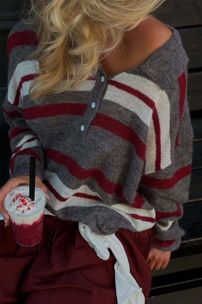 Preppy Style Wide Stripe Polo Collar Knit Blouse