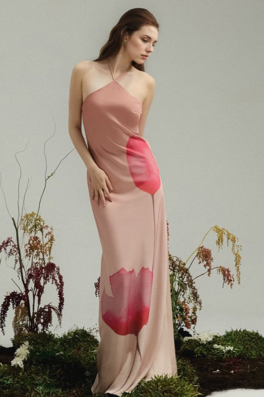 Print Halter Backless High Waist Maxi Dress