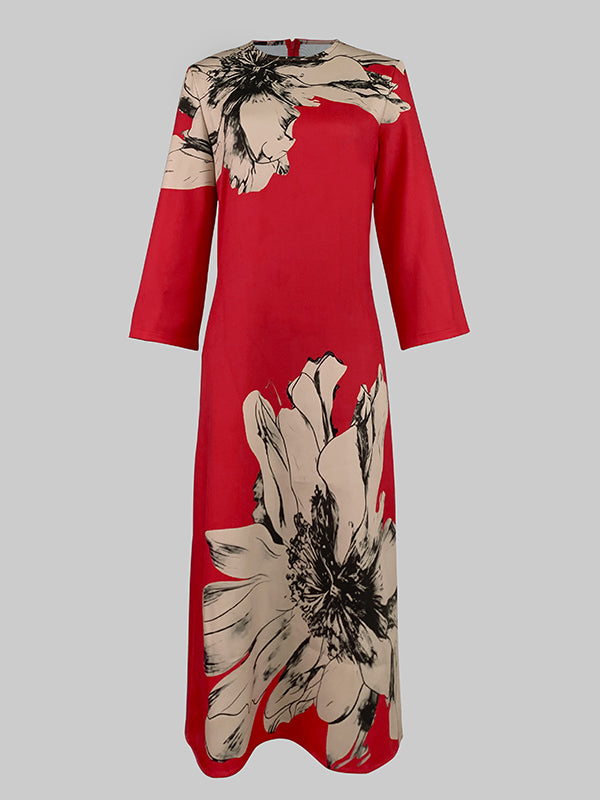 Loose Three-quarter Sleeves Contrast Color Flower Print Round-neck Midi Dresses