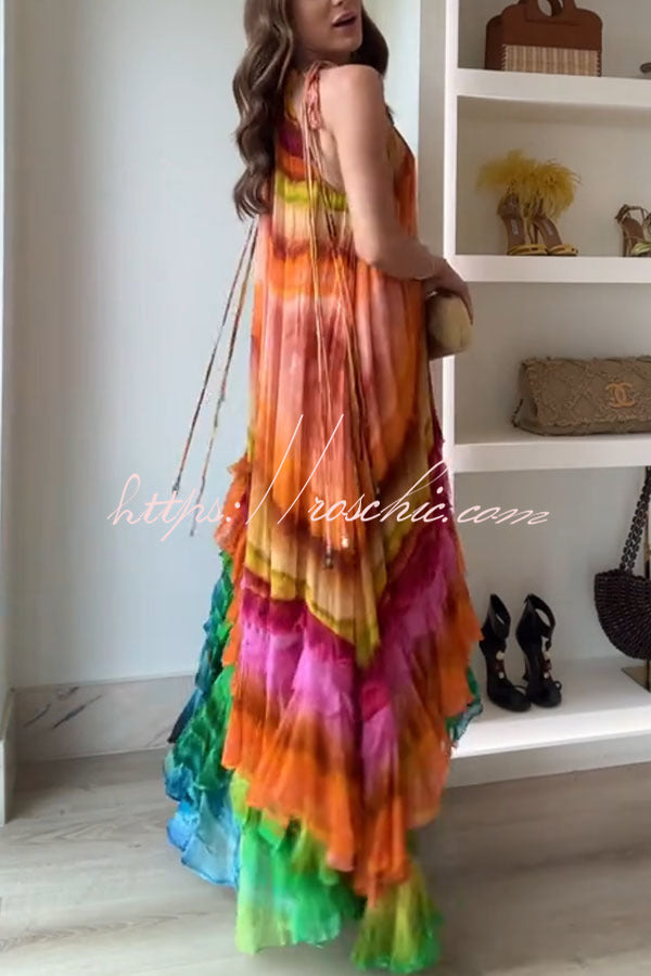 Rosha Georgette Crepe Tie-dye Print Layered Ruffles A-line Maxi Dress