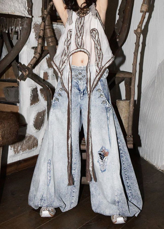 Pants Spring Wide Blue Leg Denim Style Light Waist High Ripped