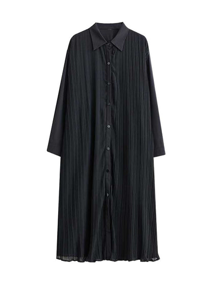 A-line Long Sleeves Buttoned Pleated Pockets Split-joint Lapel Midi Dresses Shirt Dress