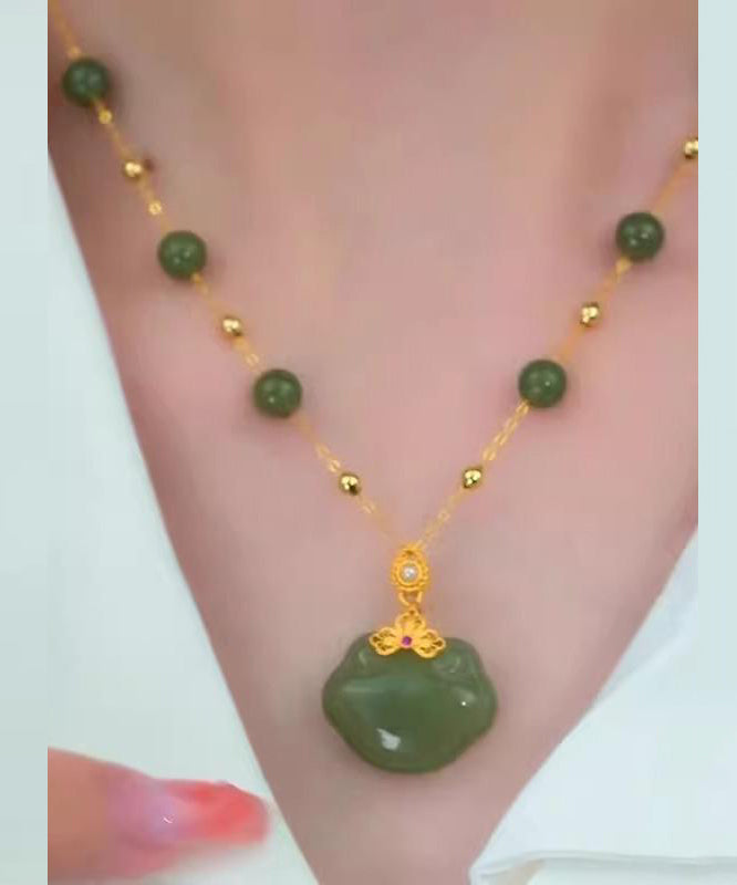 Green Sterling Silver Overgild Jade Safety Lock Pendant Necklace