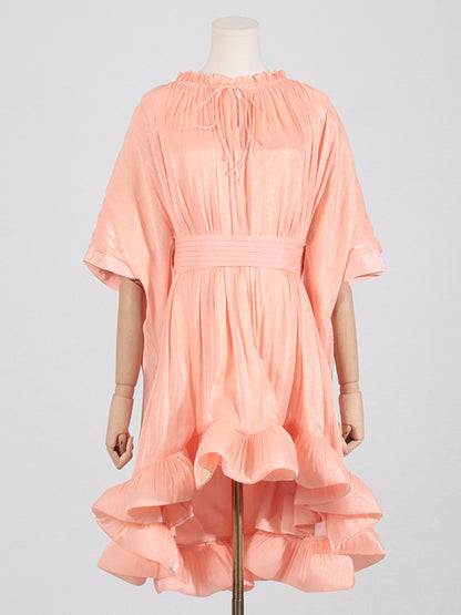 High-low Loose Pleated Split-joint Stand Collar Mini Dresses