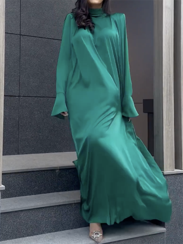 Flared Sleeves Long Sleeves Color High-neck Maxi Dresses