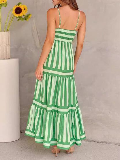 Loose Sleeveless Pleated Split-joint Striped Spaghetti-neck Maxi Dresses