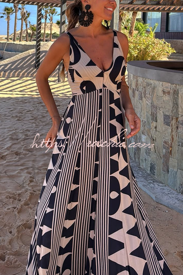 Sabine Geometric Print V-neck Back Smocked A-line Maxi Dress