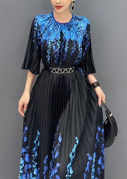 Fine Black O Neck Print Pleated Long Dresses Summer Ao1006