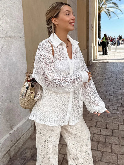 Hollow Out Printed Loose Shirts for Patchwork Lace See-through Summer Top Long Sleeve Female Blouse