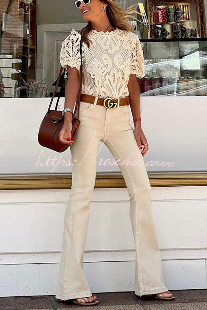 Here Comes the Sun Crochet Lace Puff Sleeve Blouse