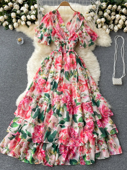 Party Dress Chiffon Printed Long Dresses Short Sleeve V-neck Beach Maxi Dress Vestidos