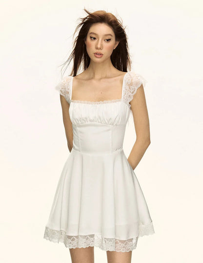 White Lace Trim Square Neck Mini Dress