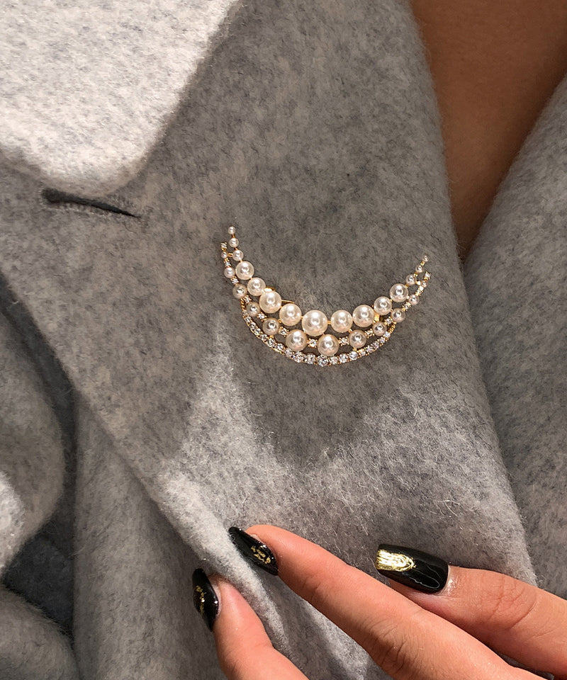 White Pearl Moon Shaped Fine Zircon Brooch
