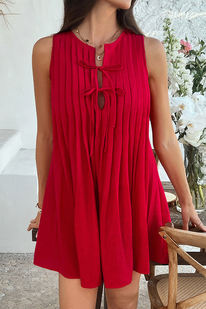 Color Sleeveless Tie Pleated Mini Dress
