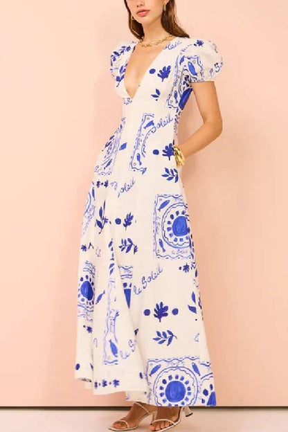Embrace the Glamour Linen Blend Unique Print Puff Sleeve Pocketed Maxi Dress