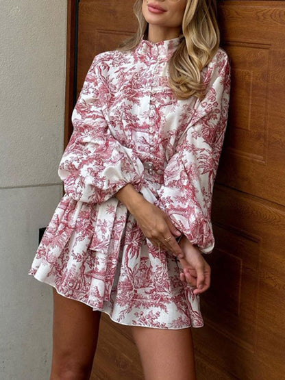 Loose Puff Sleeves Pleated Printed Split-joint Tied Waist Stand Collar Mini Dresses