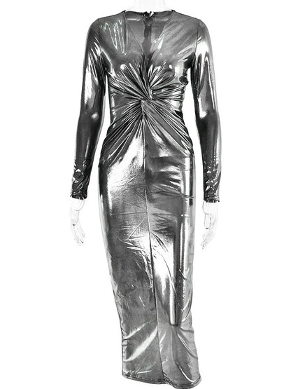 Winter Deep V Long Sleeve Dress for Bodycon Pleated Metal Maxi Dress Party Club Evening Vestidos