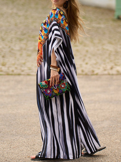 Batwing Sleeves Loose Printed Split-side Striped V-neck Beach Cover-up Maxi Dresses