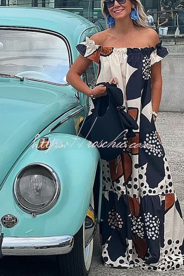 Bloom Season Linen Blend Printed Off Shoulder Pocketed A-line Maxi Dress