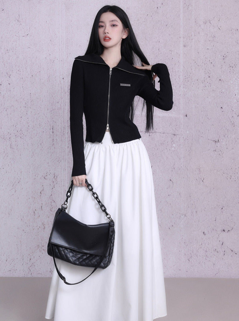 Ribbed Zip-front Cropped Cardigan - Fitted Long Sleeve Knit Top