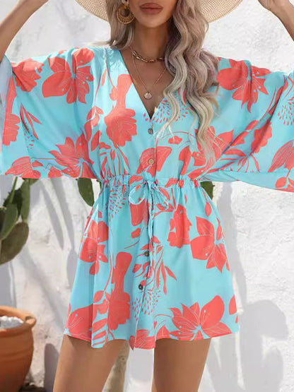 A-line Half Sleeves Buttoned Drawstring Flower Print V-neck Mini Dresses