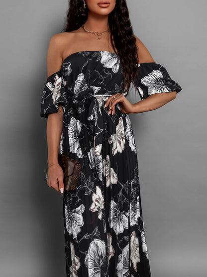 A-line Loose Elasticity Flower Print Pleated Split-joint Tied Waist Off-the-shoulder Maxi Dresses