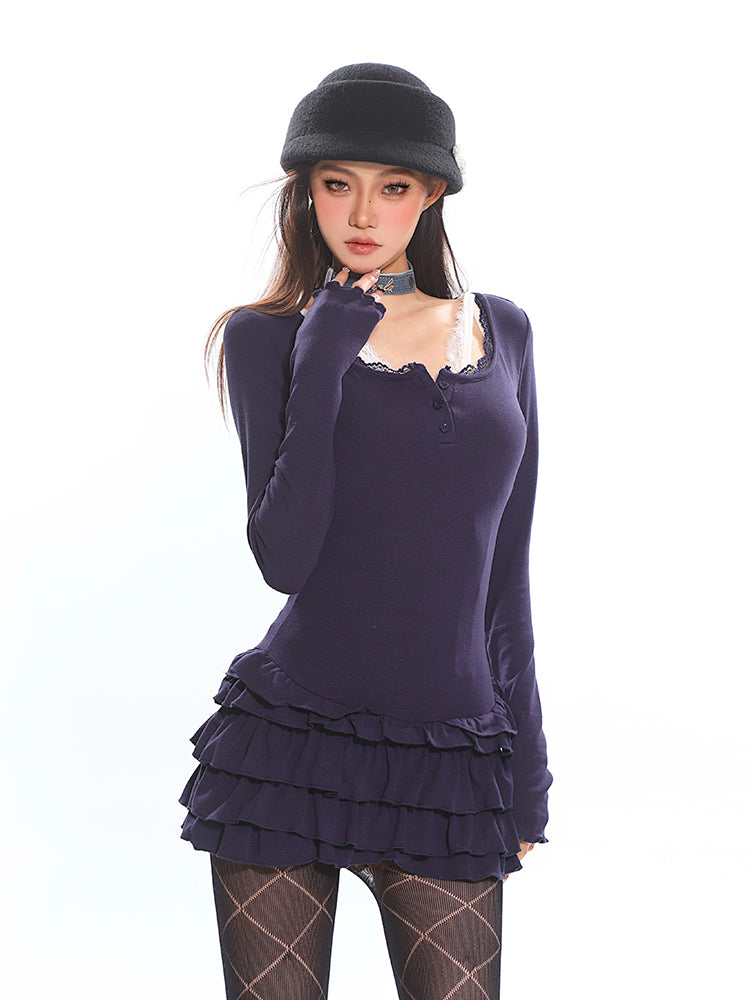 Lace Trim Ruffle Mini Dress