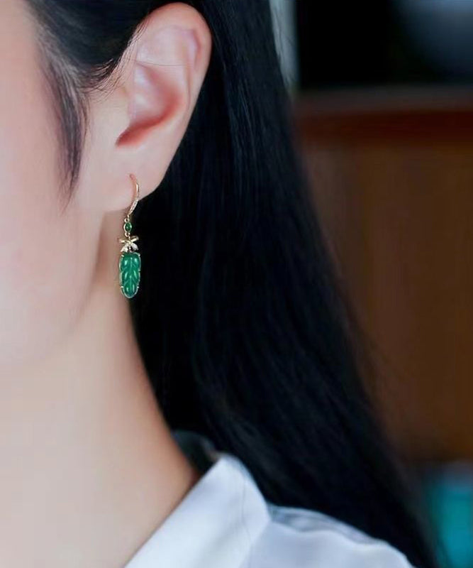 New Green Sterling Silver Overgild Jade Lea Drop Earrings