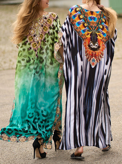 Batwing Sleeves Loose Printed Split-side Striped V-neck Beach Cover-up Maxi Dresses