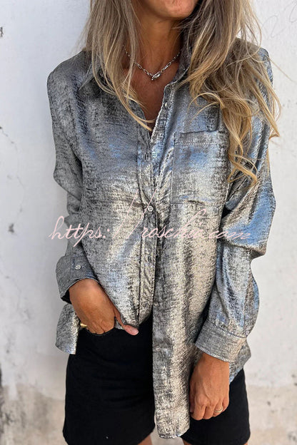First and Fabulous Metallic Fabric Button Up Long Sleeve Loose Blouse