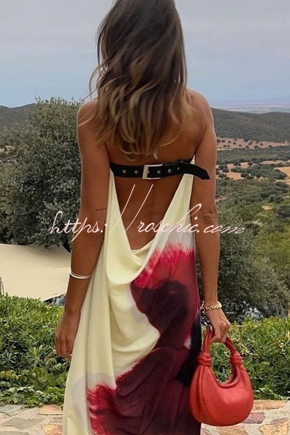 Print Strapless Backless Belt Maxi Dress