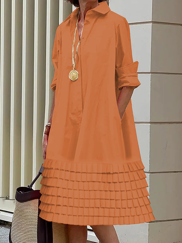 A-line Long Sleeves Layered Pleated Pockets Color Split-joint Lapel Midi Dresses Shirt Dress