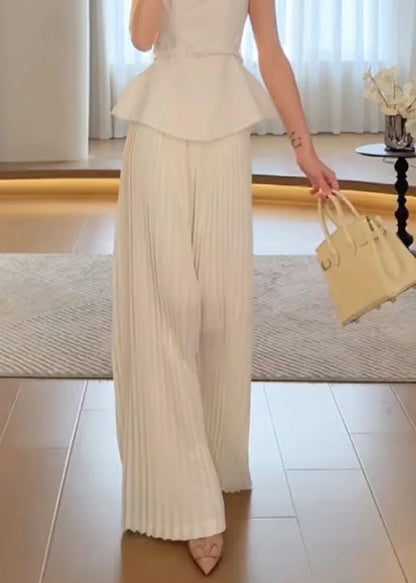 White Waist High Leg Spring Pants Wide Classy