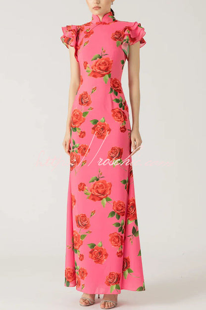 Cheongsam Style Rose Print Tiered Flare Sleeve Stretch Maxi Dress