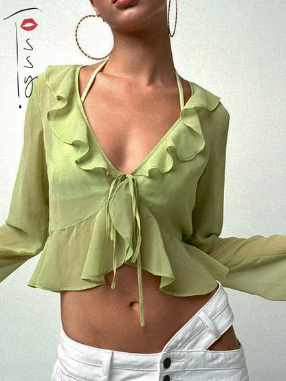 Ruffle Blouse See-through Lace V-neck Tops for Long Sleeve Summer Shirt Party Beach Cropped Top
