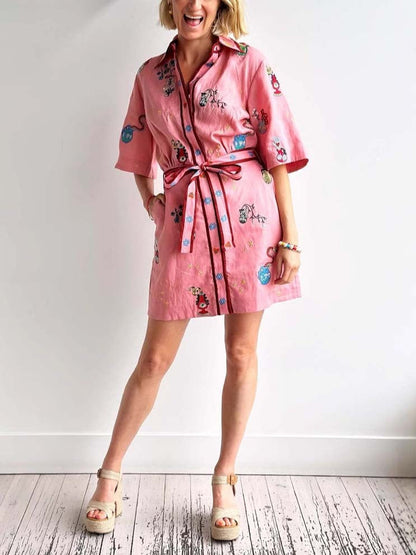 Printed Shirt Collar Single-breasted Mini Dress